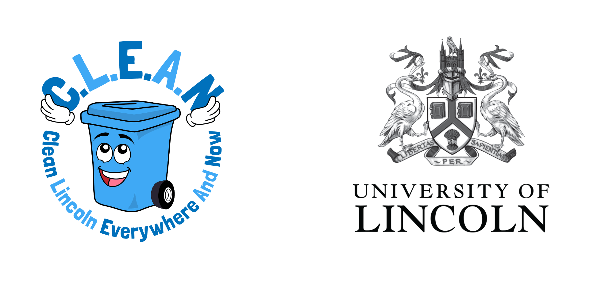 Two logos side by side, one is a blue bin holding the letters "C.L.E.A.N" and smiling, the words "clean Lincoln Everywhere And Now" are below. The other is an elaborate swan crest with the "University of Lincoln" typed below.