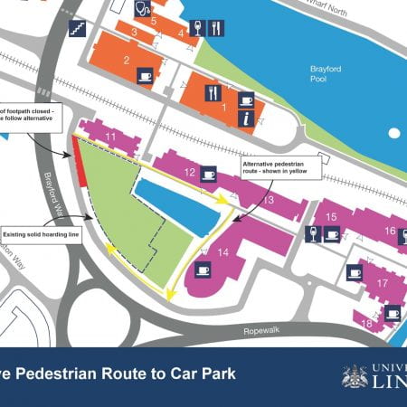 Image of a campus map with a highlighted route around the delph pond. A small section of the car park near to the Janet Lane-Claypon building is in red.