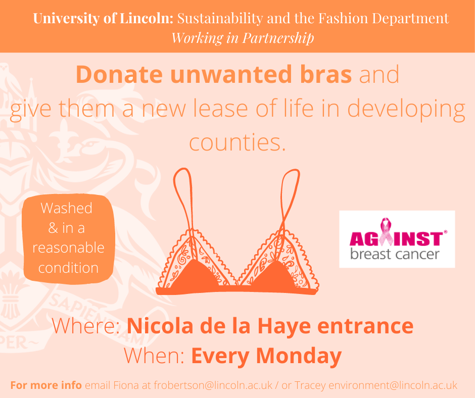 Graphic image of a bra with words reading: donate unwanted bras and give them a new lease of life in developing countries. The background is orange
