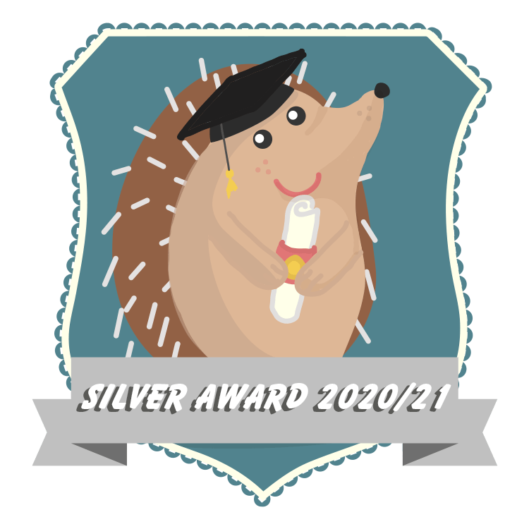 Image of a hedgehog illustration on a blue shield wearing a graduation cap. A banner of text reads: Silver Award 2020/21