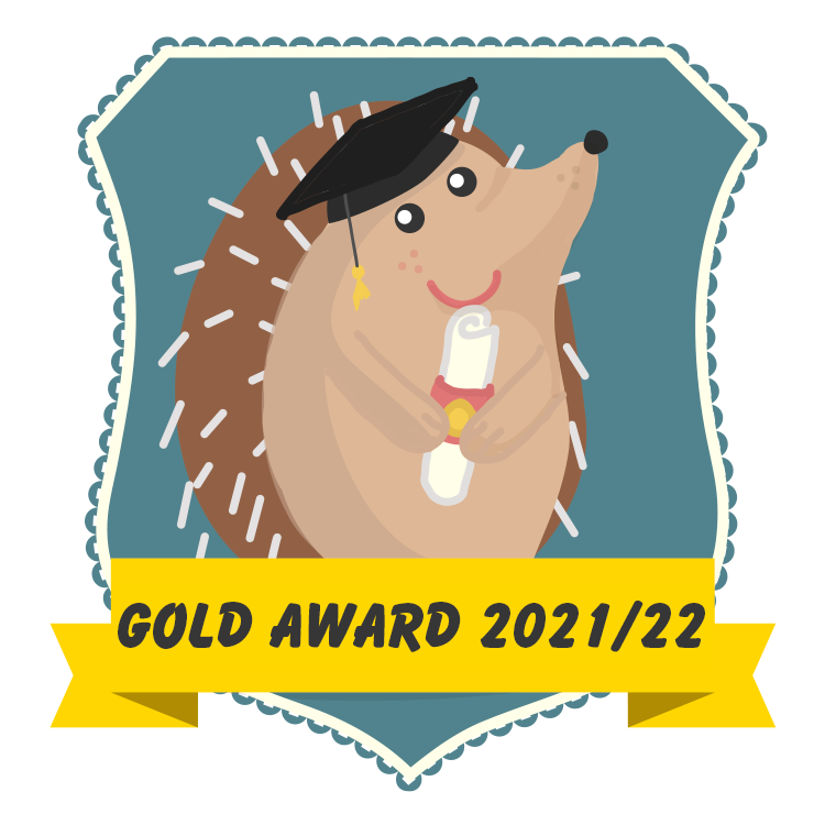 Image of an illustrated hedgehog wearing a graduate cap on a shield