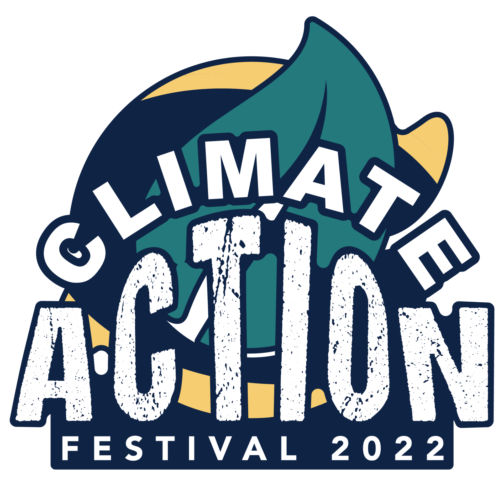 Logo showing words in a festival style writing, a leaf is being the words "Climate Action Festival 2022"