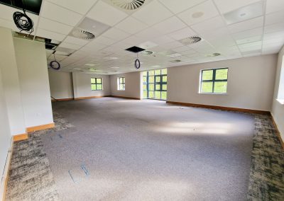 Image of a large empty room with new grey carpet and ceiling.