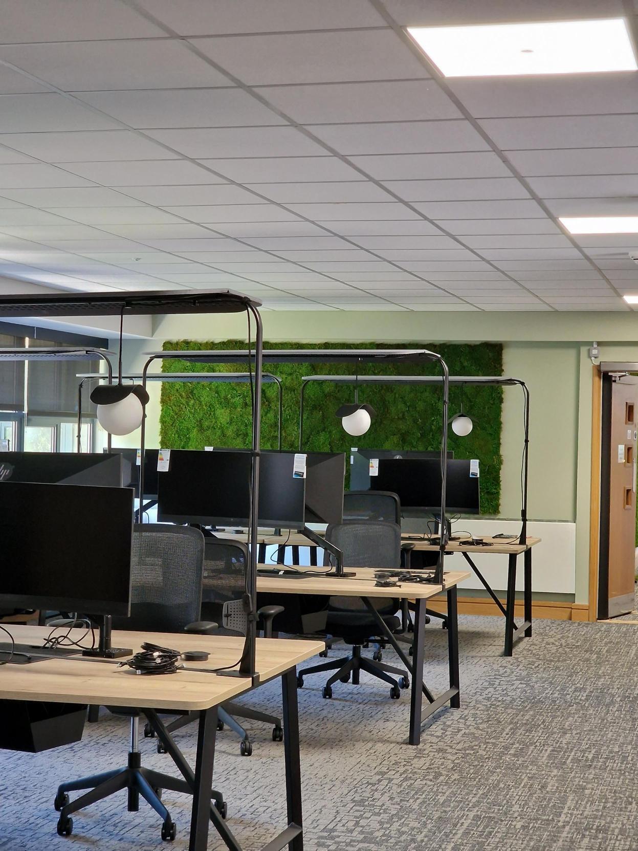 Workstations with curved screens and a moss wall.