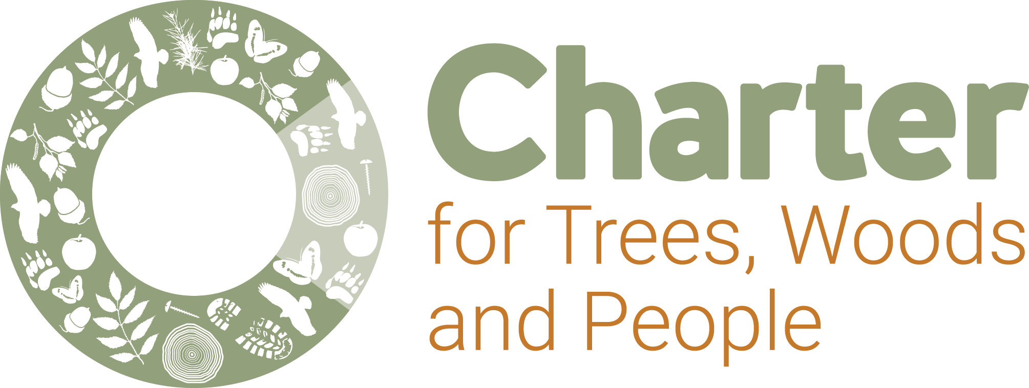 tree charter logo of a green circle with leaves and animal symbols within it. Text reads: Charter for trees, woods and people